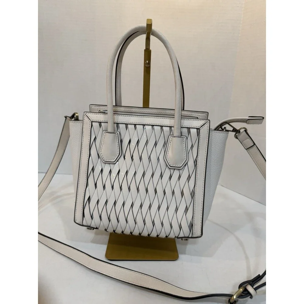 Michael Kors Mercer Studio Woven Leather Crossbody Satchel White~Read Descr~$338